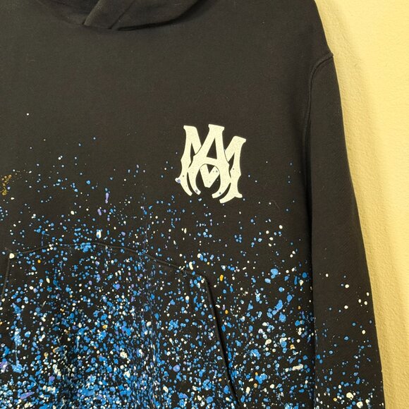AMIRI Hoodie Crystal Painter  - Black  Hoodie with Blue & White Splatter Design - Picture 2 of 9
